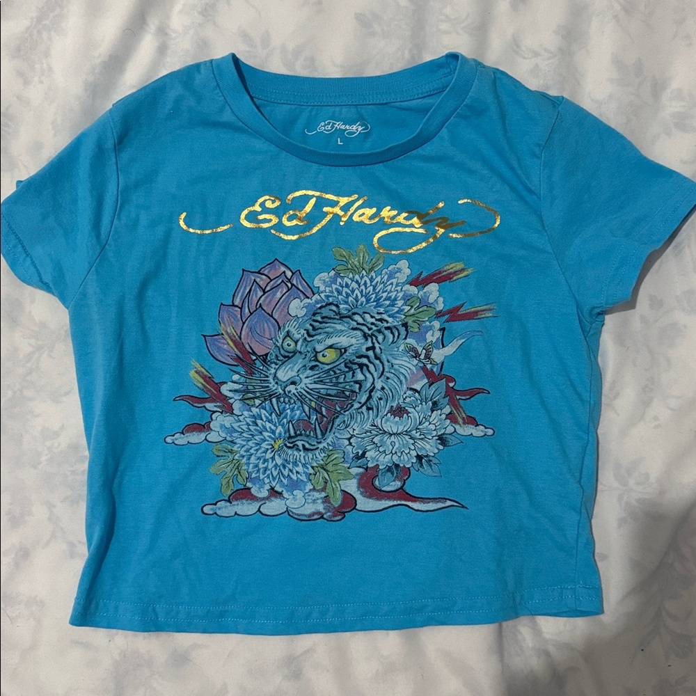 Ed Hardy Kids T-Shirt with Tiger Graphic in Blue and Gold